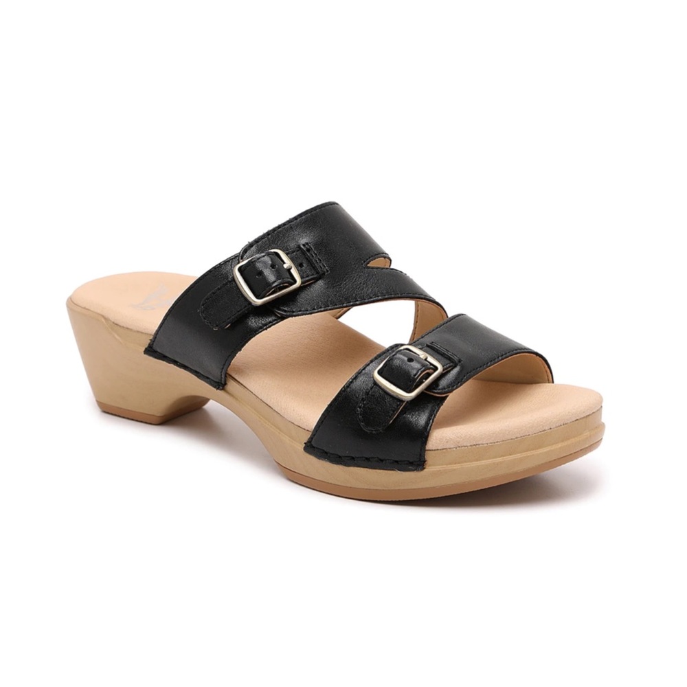Dansko Black Leather Two-Strap Buckle Sandal/ New in box